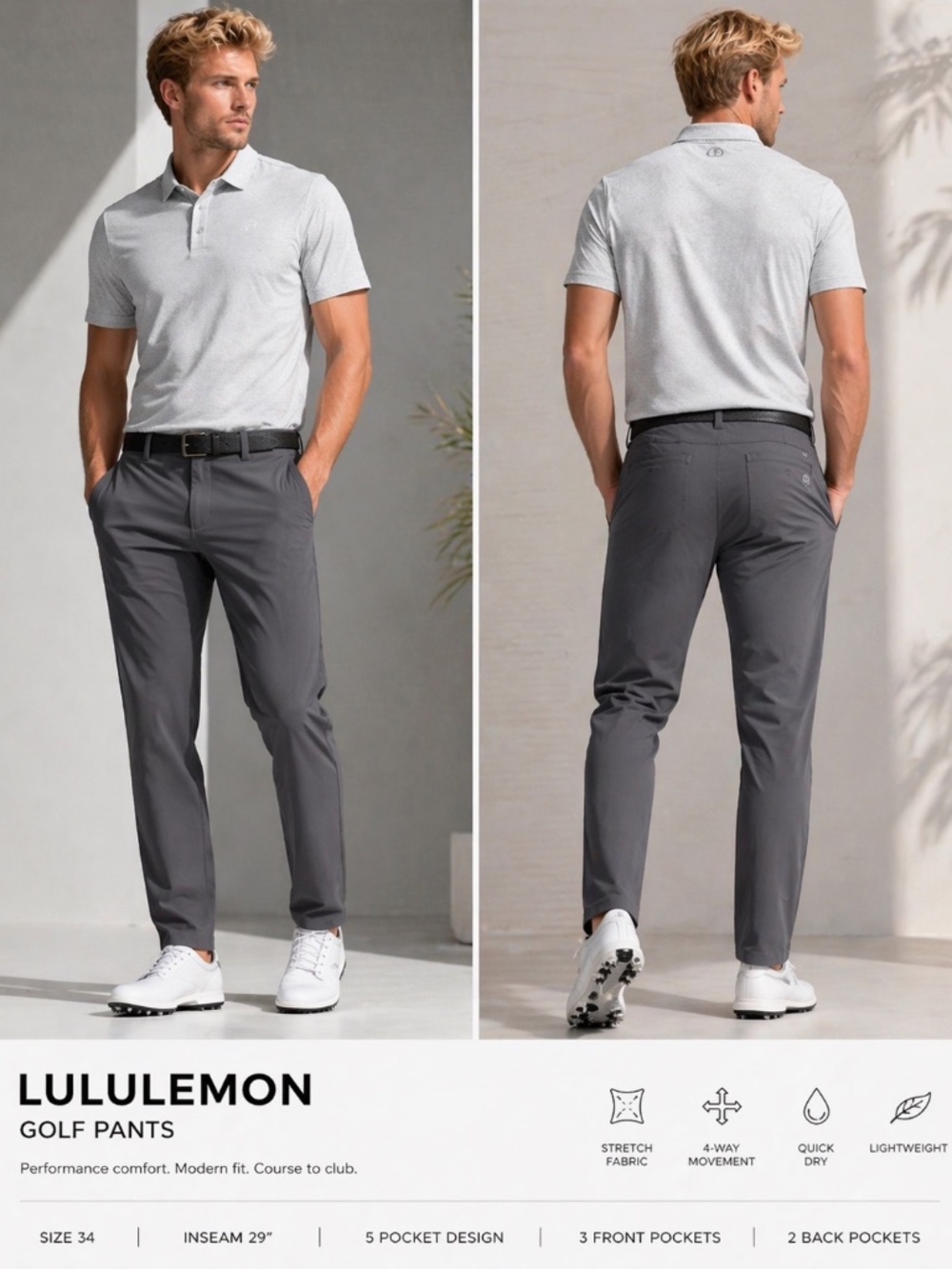Lululemon Men’s Gray Golf Pants 34x29 Stretch 5 Pocket Performance Trousers
